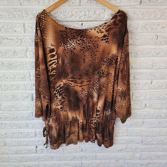 Vue Point Womens Top 2X Plus 3/4 Sleeve Brown Animal Print Travel ANI53E - Picture 4 of 7